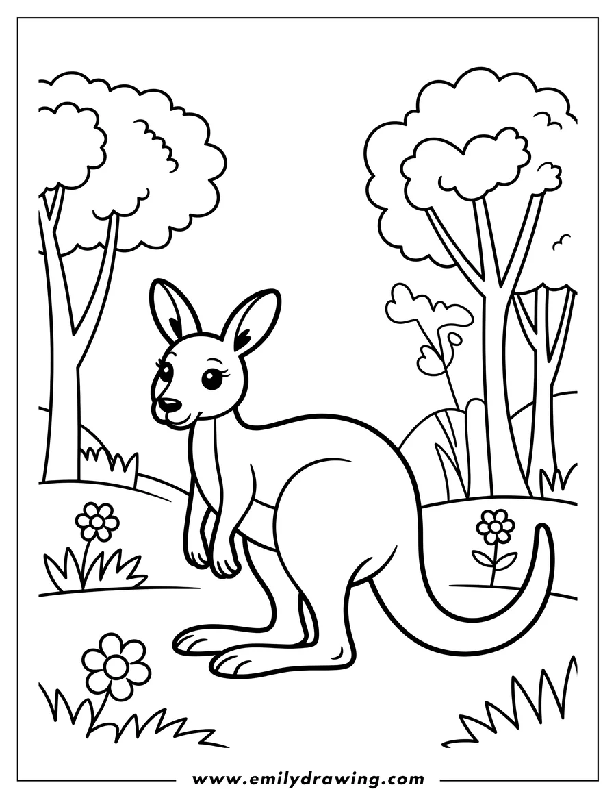 Outline of a kangaroo standing in a field with flowers and trees.