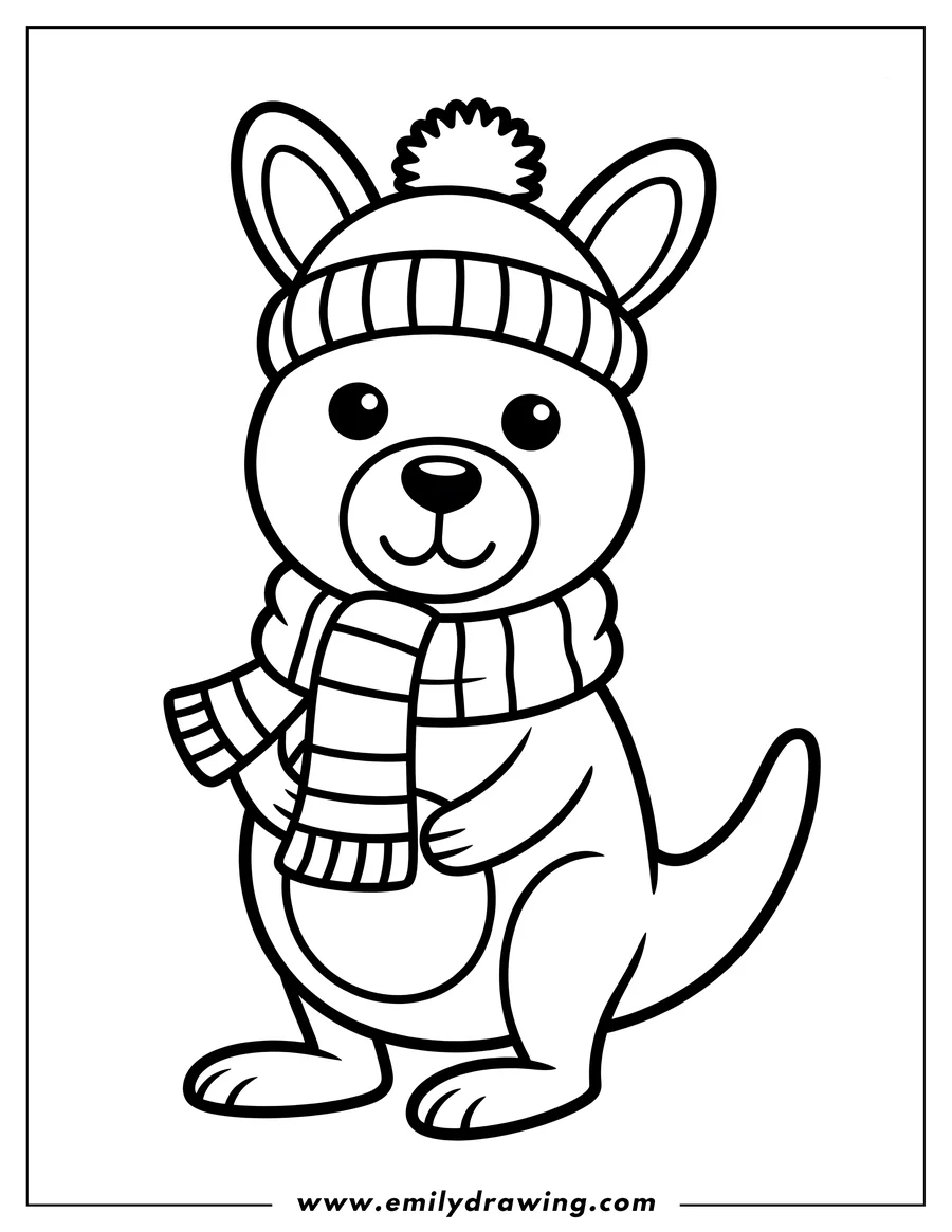 Outline of a kangaroo wearing a winter hat and scarf.