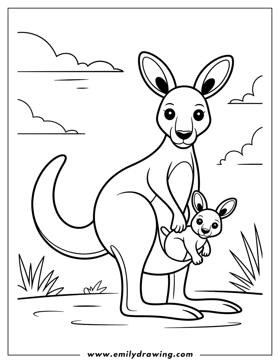 Outline of a mother kangaroo with her joey peeking out of her pouch. Simple line art style suitable for kids' coloring.