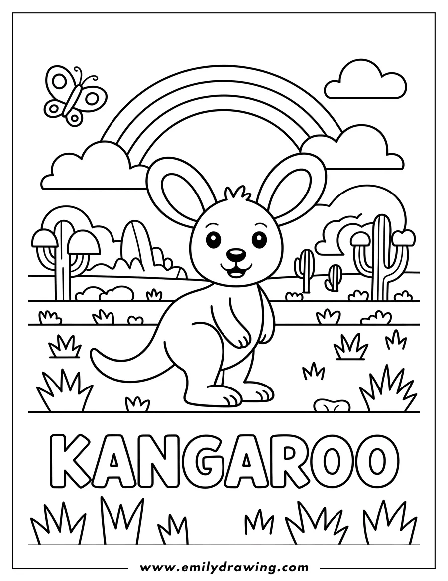 Outline of a kangaroo standing in the outback with a rainbow, butterfly, cacti, and desert plants.