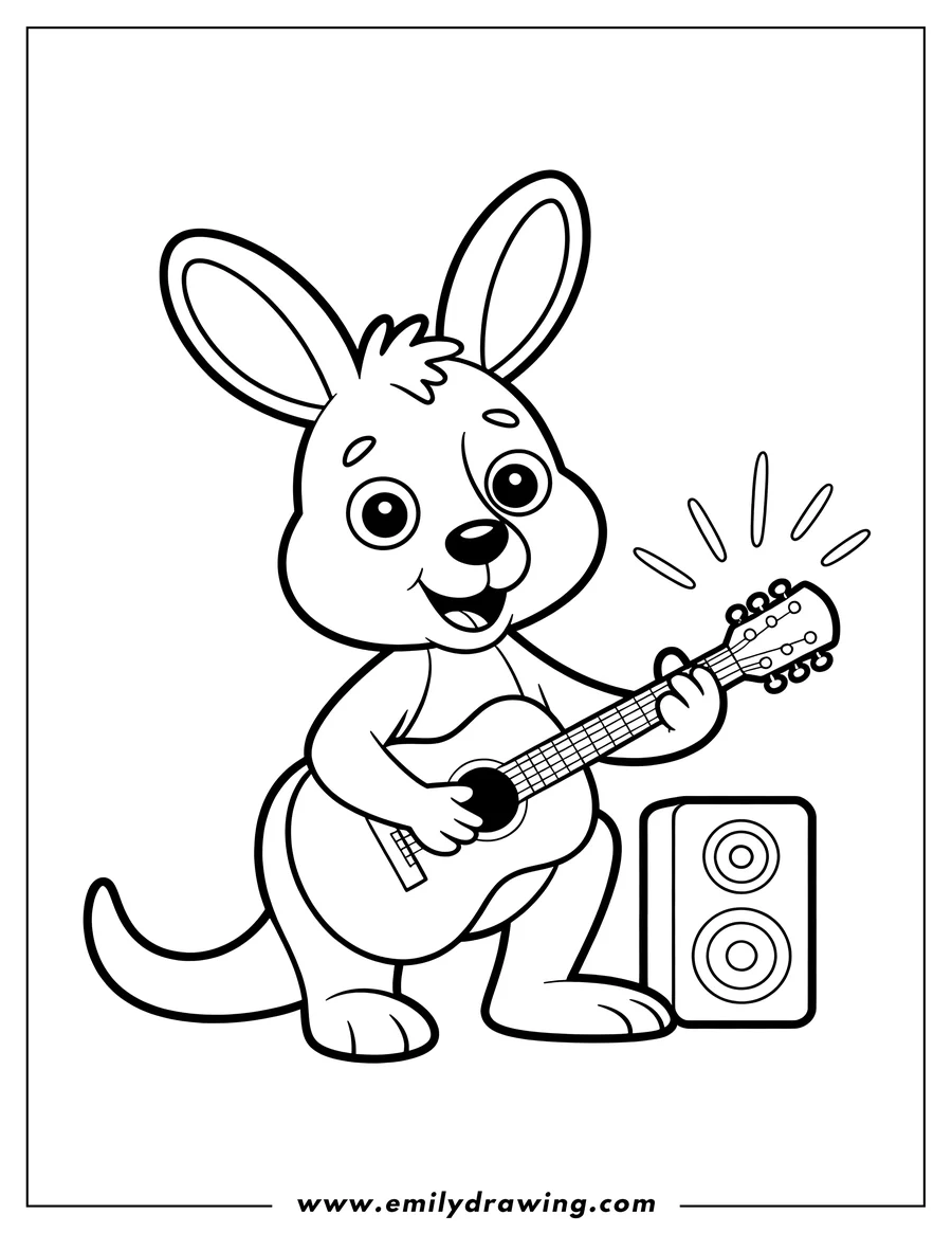 Outline of a kangaroo playing a guitar next to a speaker.