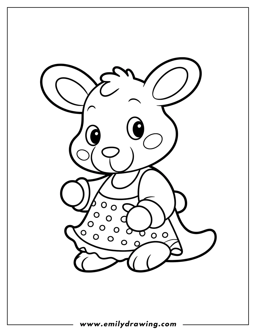 Outline of a kangaroo wearing a polka dot dress. It appears to be a joey.