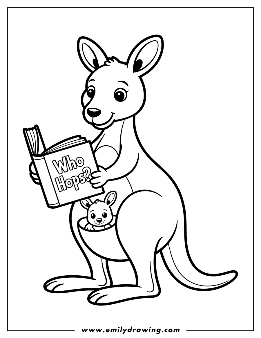Outline of a kangaroo reading a book titled 'Who Hops?' with its joey peeking out of its pouch.