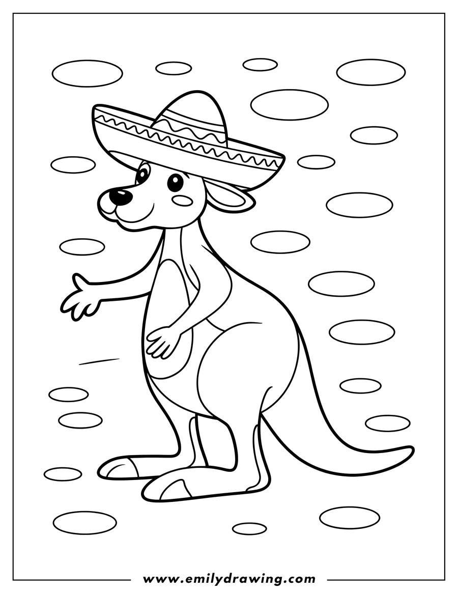 Line art of a kangaroo wearing a sombrero. It appears to be ready to celebrate.