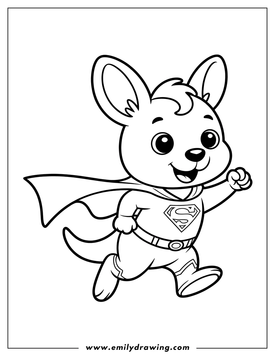 Outline of a baby kangaroo dressed as a superhero, wearing a cape and running
