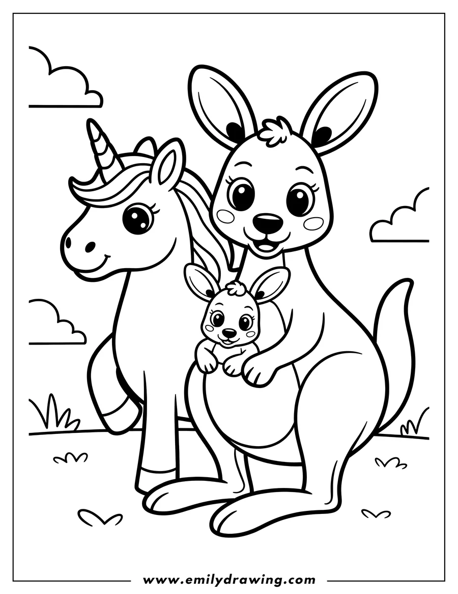 Outline of a kangaroo with a joey in her pouch, standing next to a unicorn in a grassy area.