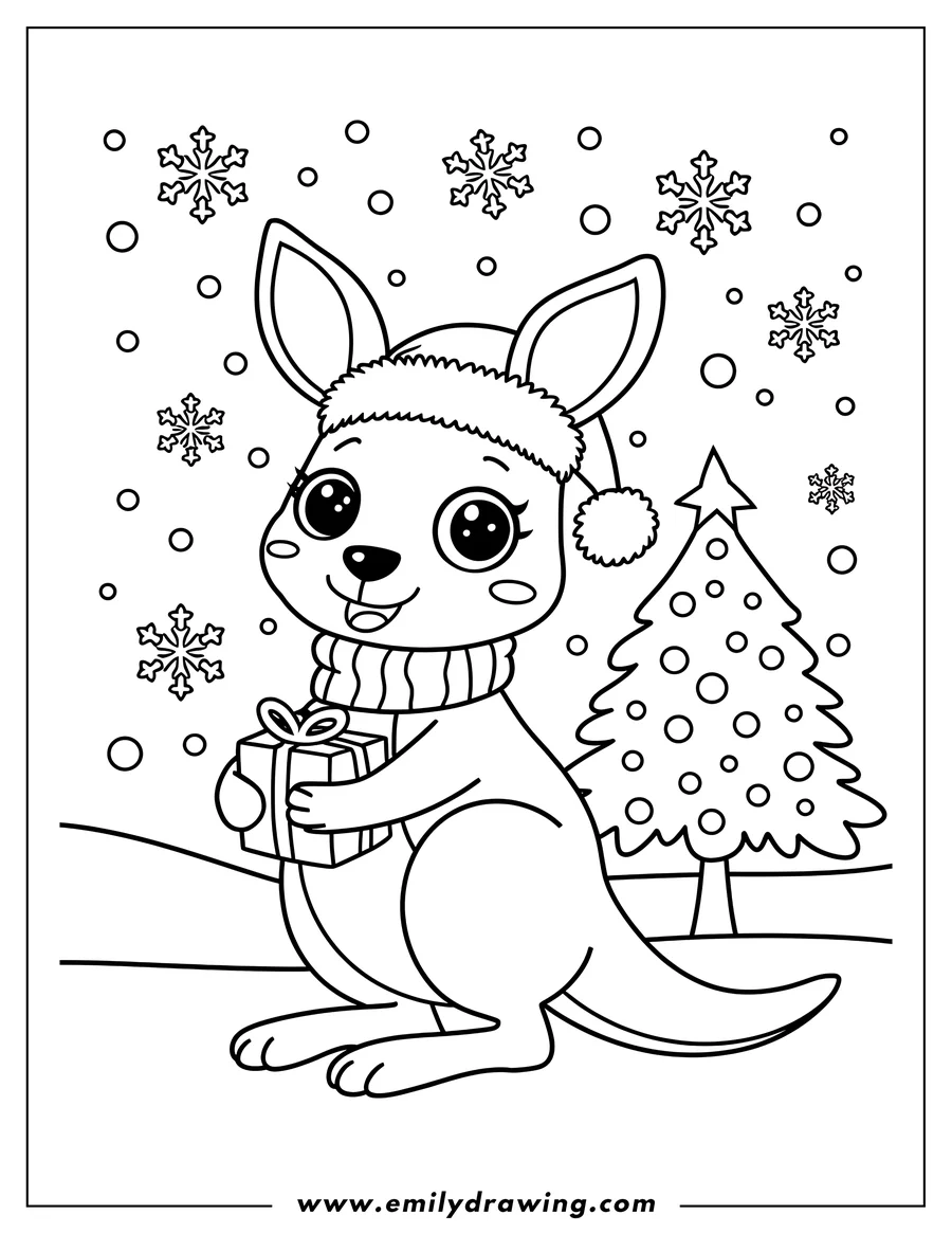 Outline of a kangaroo wearing a Santa hat and scarf, holding a present in a snowy scene with a decorated Christmas tree.