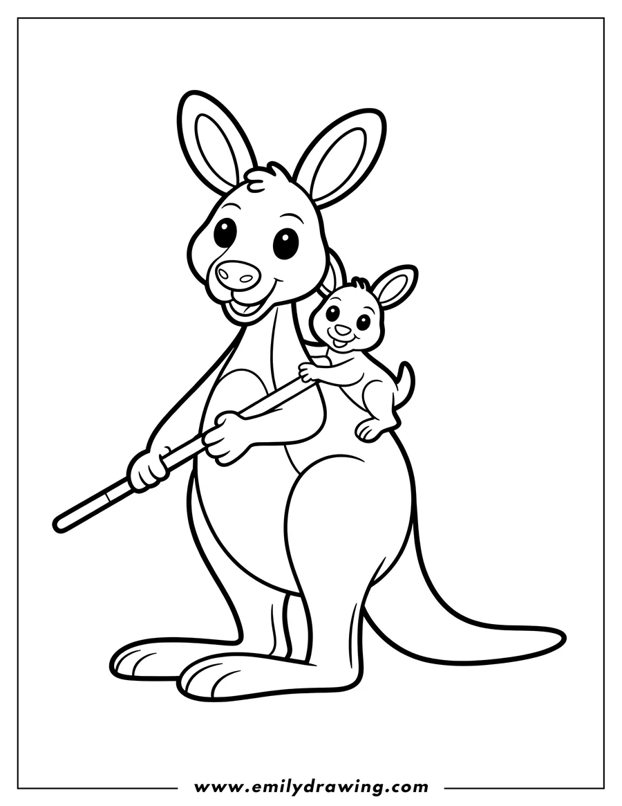 Line art of a mother kangaroo with her baby joey in her pouch.