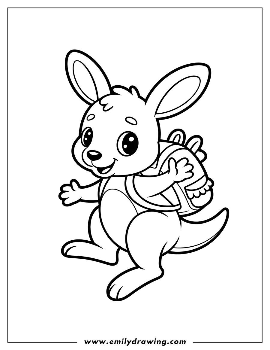 Outline of a kangaroo wearing a backpack and waving.