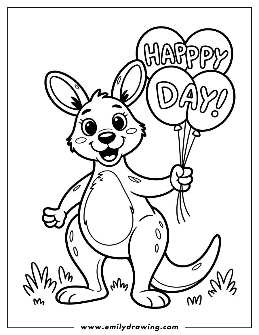 Outline of a kangaroo holding balloons that say 'Happy Day'.