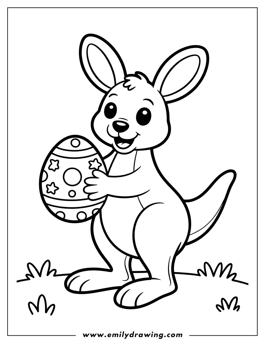 Outline of a kangaroo holding a decorated Easter egg. The kangaroo is smiling and standing on a patch of grass.