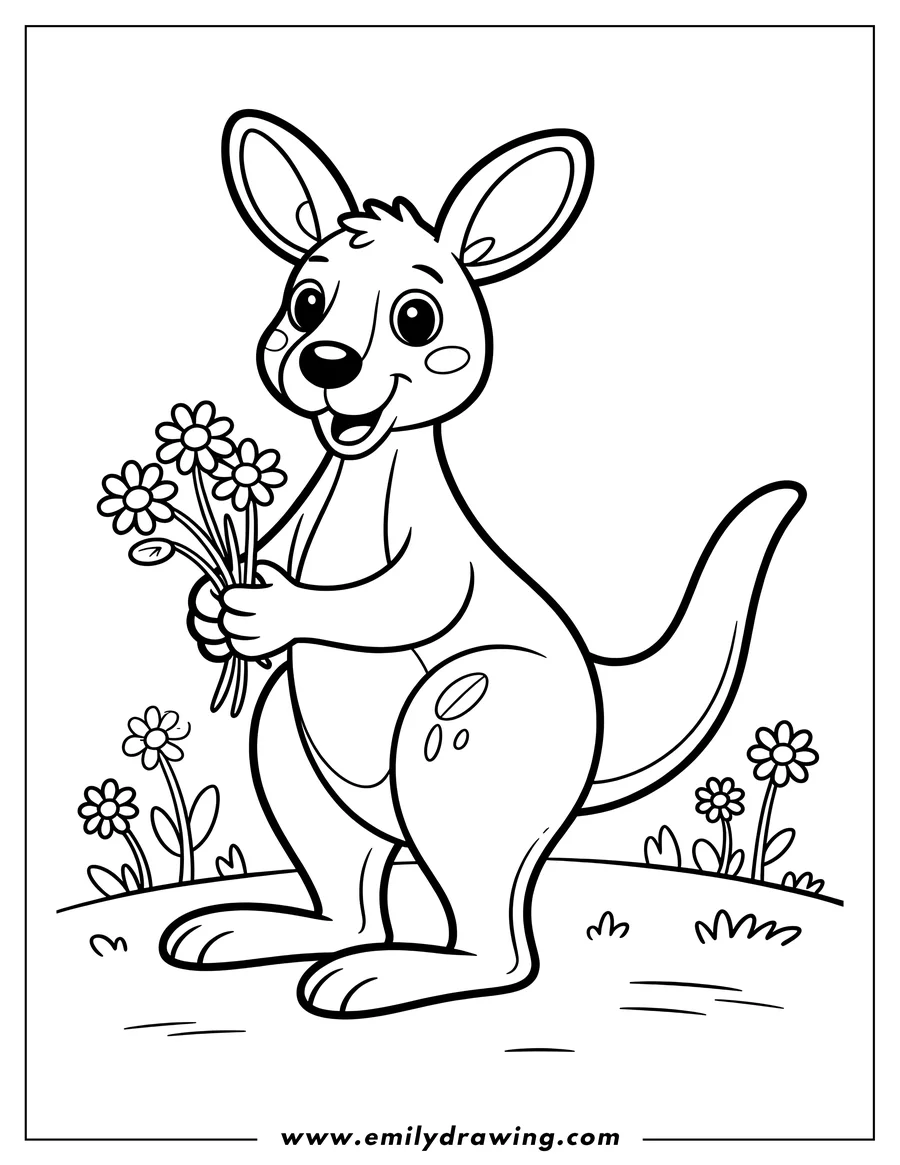 Outline of a kangaroo holding a bouquet of flowers in a field.