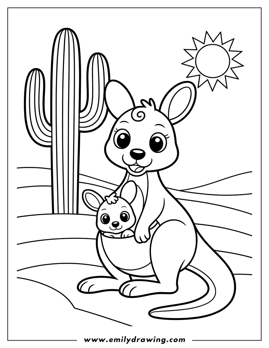 Line art of a kangaroo with her joey in her pouch. A large cactus and the sun are visible in the background.