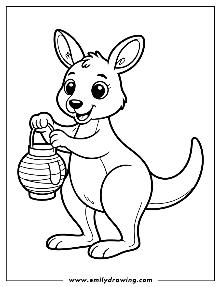 Outline of a kangaroo holding a striped paper lantern.