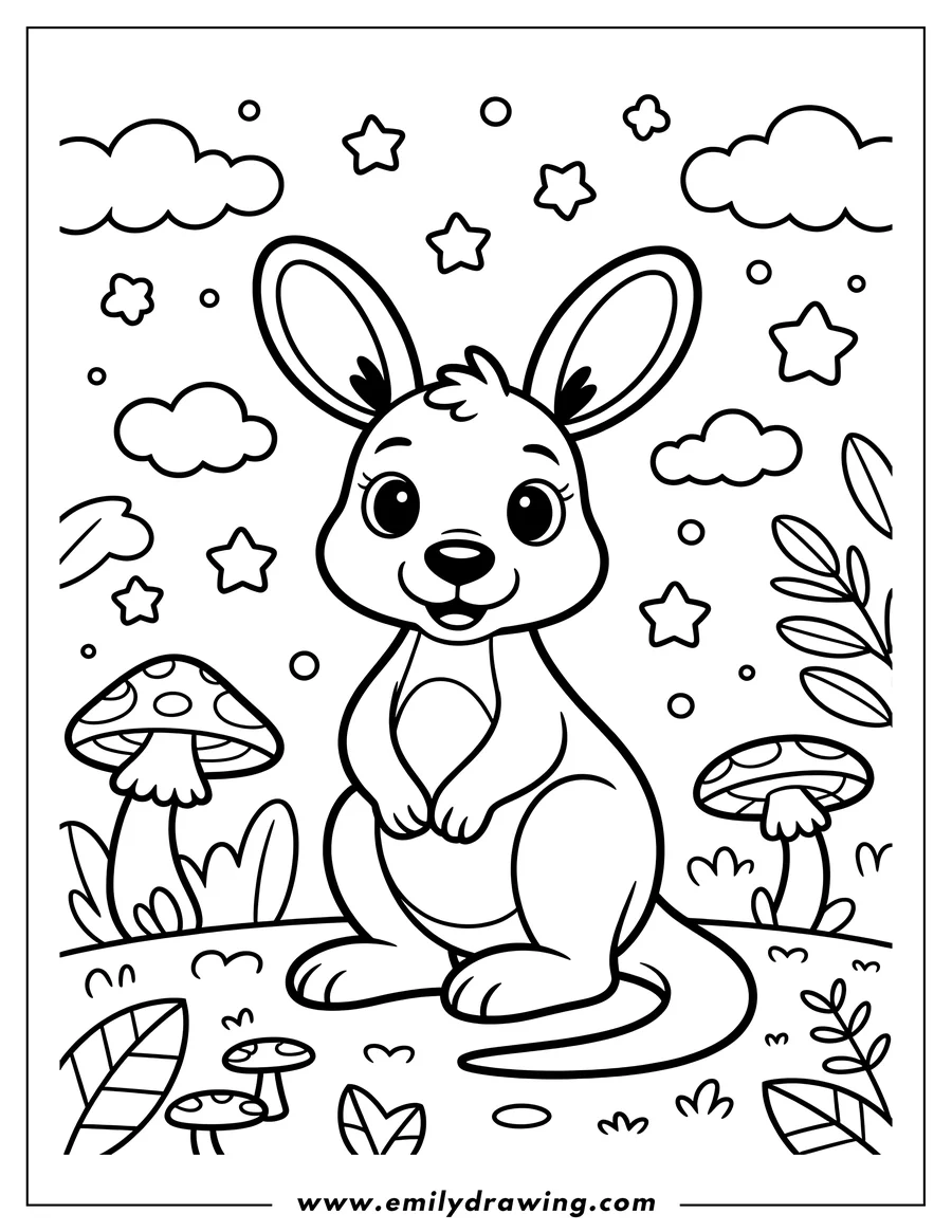 Outline of a smiling kangaroo standing near mushrooms and plants.