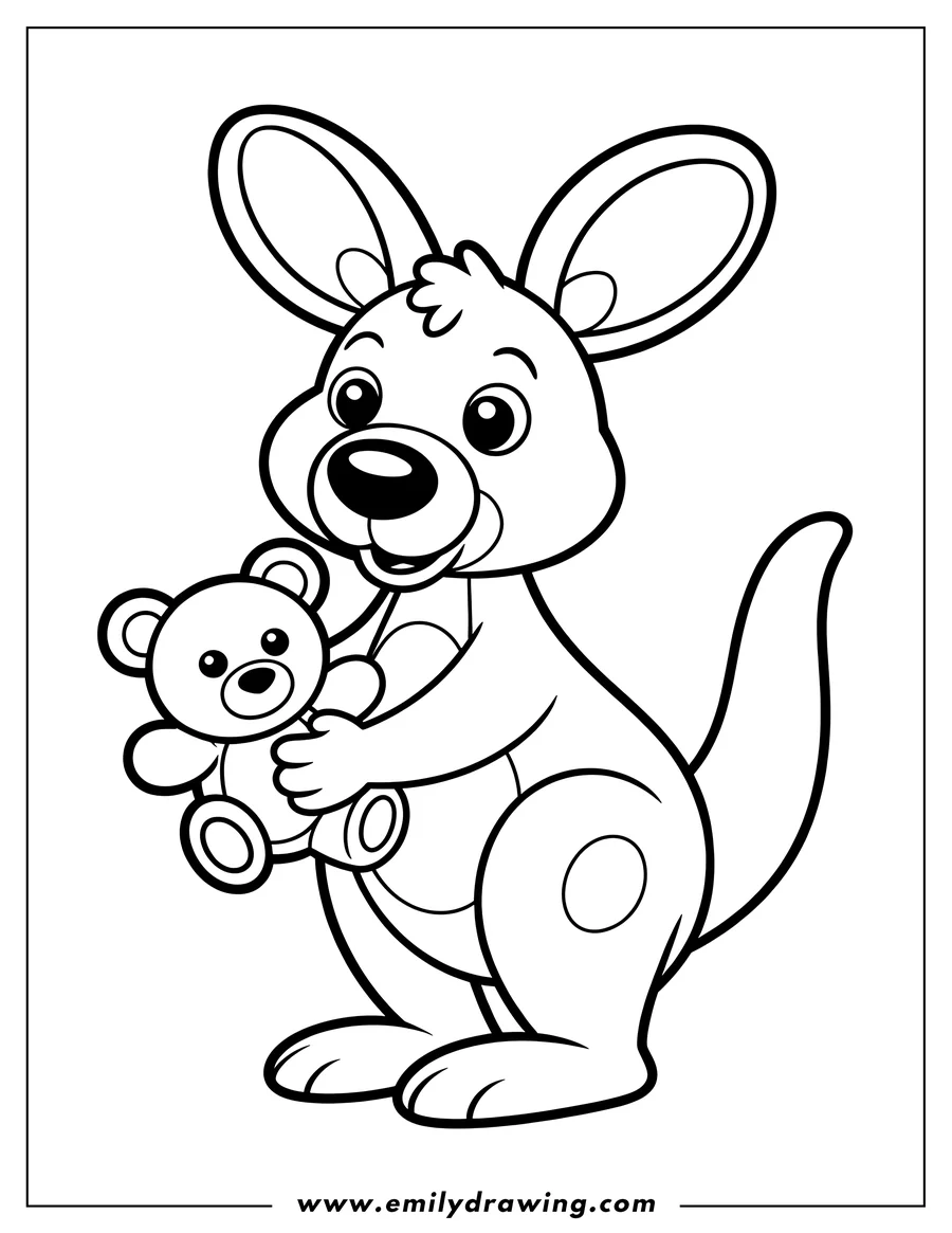 Outline of a kangaroo holding a teddy bear. It looks happy to have its toy.