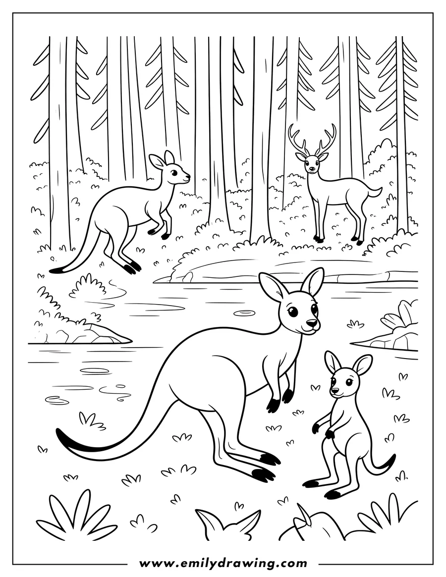 Outline of three kangaroos and a deer near a river in a forest setting. A mother kangaroo and her joey are in the foreground, while another kangaroo and a deer are in the background.