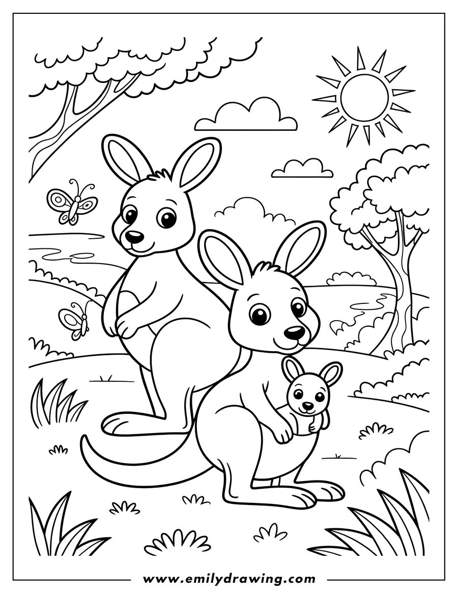 Outline of two kangaroos and a joey in their natural habitat, with trees, grass, butterflies, and a shining sun.