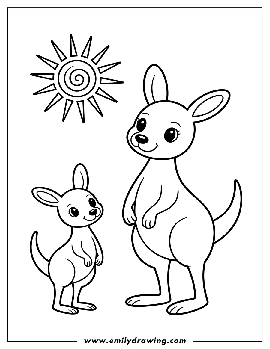 Outline of two kangaroos, a larger one and a smaller one, possibly a parent and joey. A stylized sun is in the background.