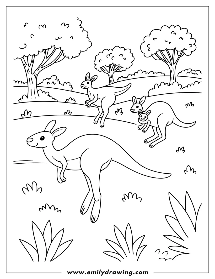 Outline of three kangaroos hopping in a grassy field with trees.