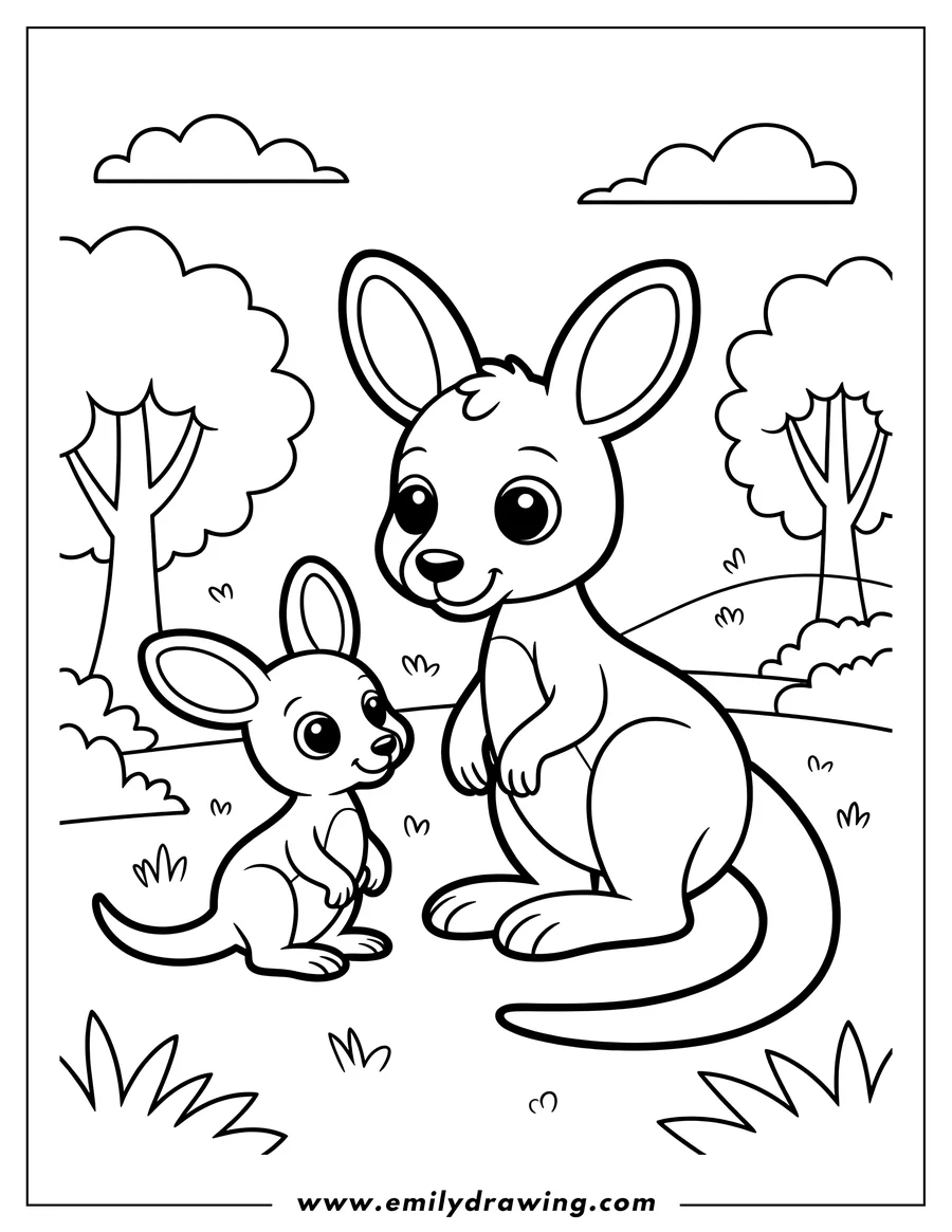 Outline of two kangaroos, one large and one small, standing in a field with trees and clouds in the background.