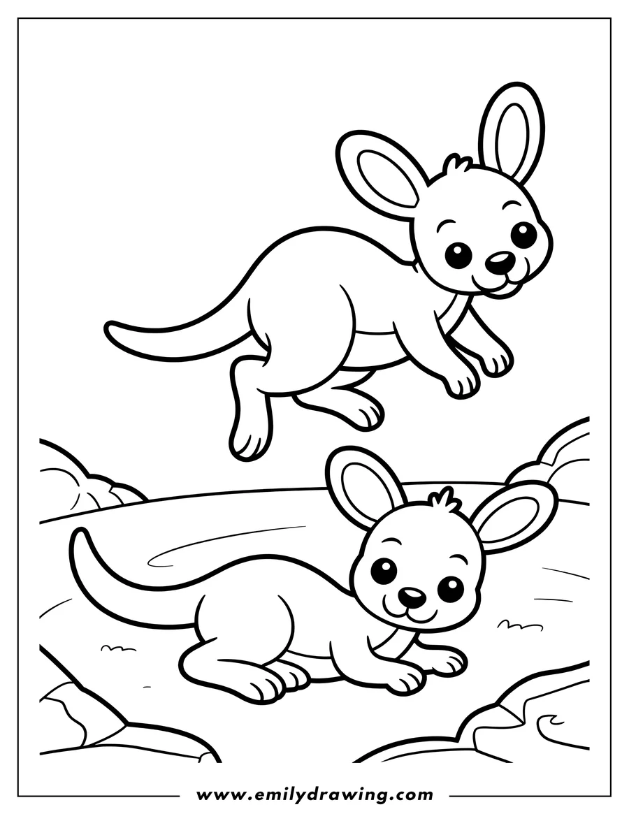 Outline of two kangaroos, one jumping and one sitting on the ground.