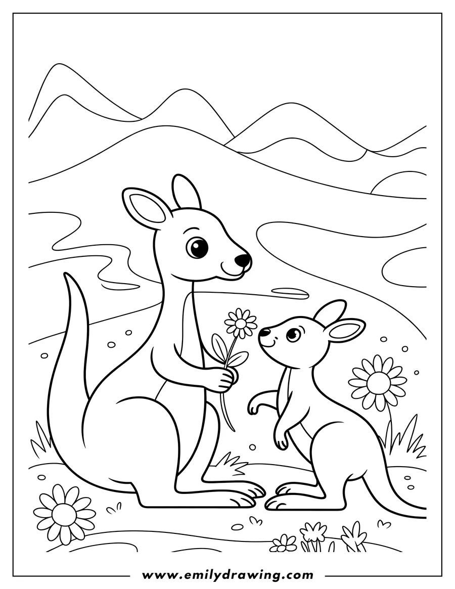 Outline of two kangaroos in a field with flowers. The larger kangaroo is holding a flower out to the smaller kangaroo.