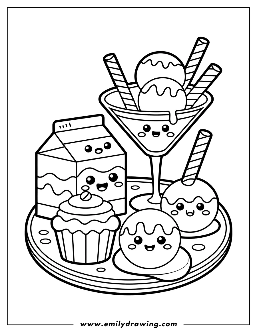 Line art of a kawaii ice cream sundae, cupcake, milk carton, and cake pop on a tray.