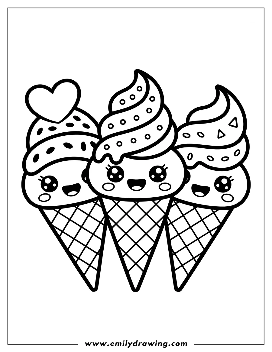 Outline of three kawaii style ice cream cones with happy faces and different toppings.