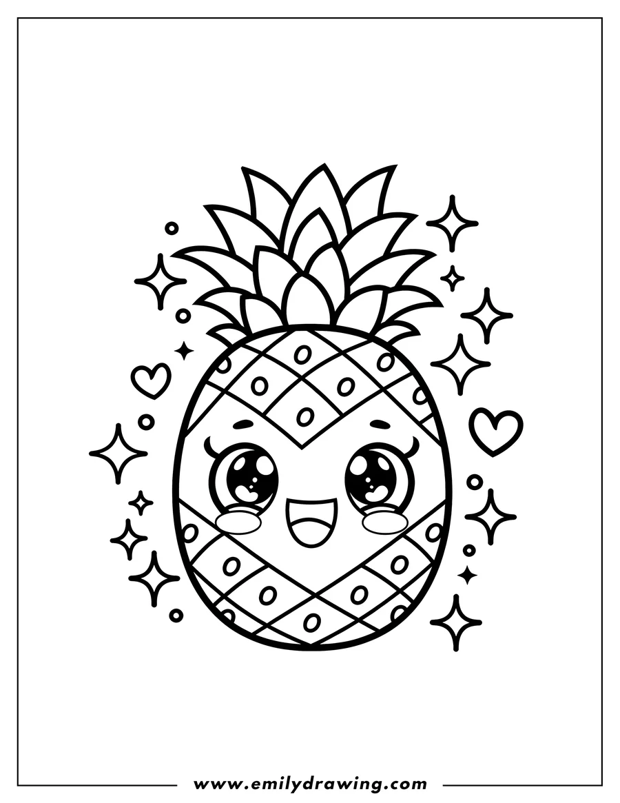 Line art of a happy pineapple with large, expressive kawaii-style eyes and decorative sparkles.
