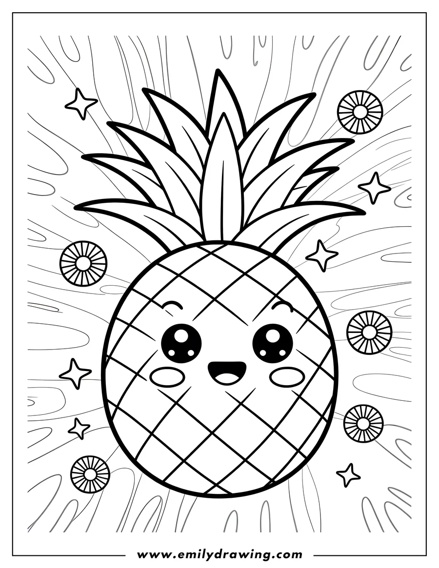 Line art of a happy pineapple with a kawaii-style face, surrounded by small stars and decorative circles.