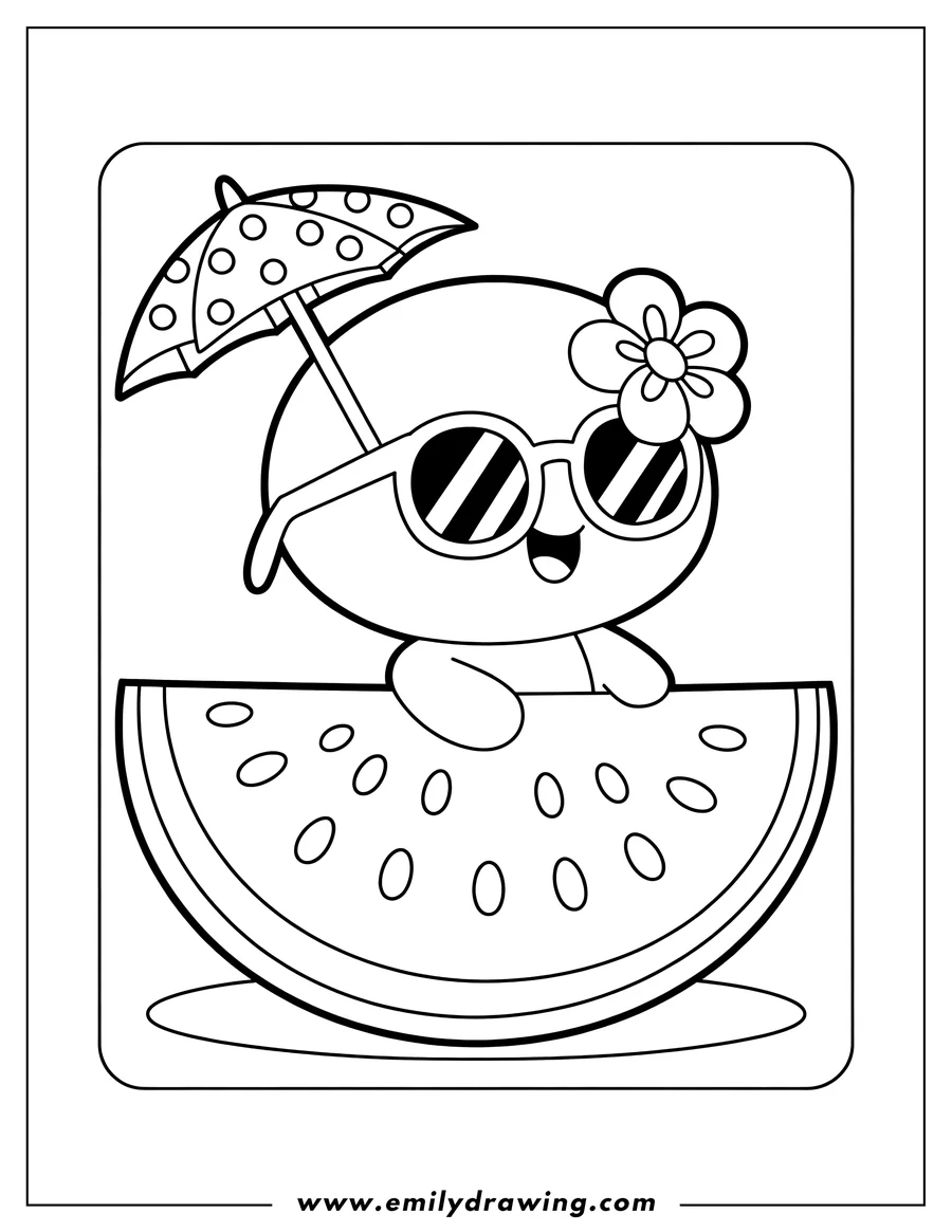 Outline of a Kawaii character sitting in a watermelon slice with a beach umbrella, flower, and sunglasses.