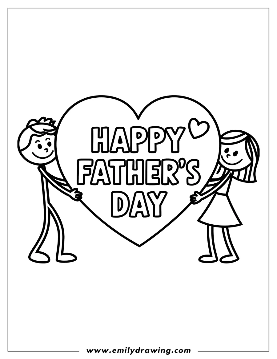 Two simple figures of children, one boy and one girl, holding a large heart that says