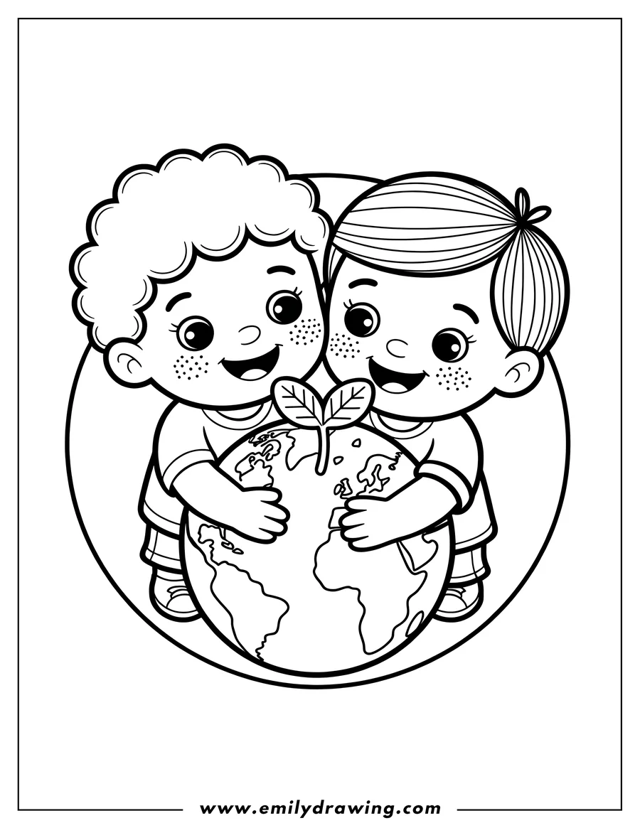 Two young children hugging the Earth, which has a small plant sprouting from the top, in a simple line art style.