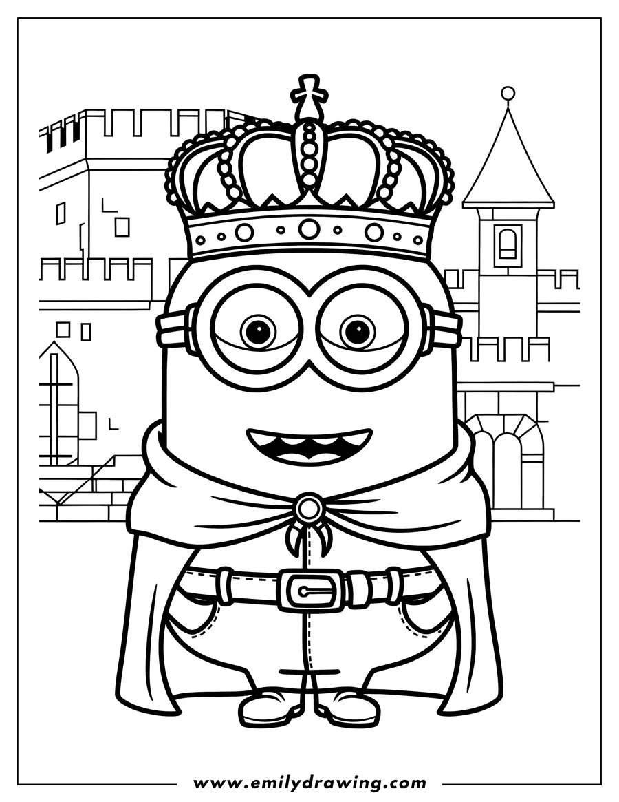 Outline of a Minion wearing a king's crown and cape, standing in front of a castle.