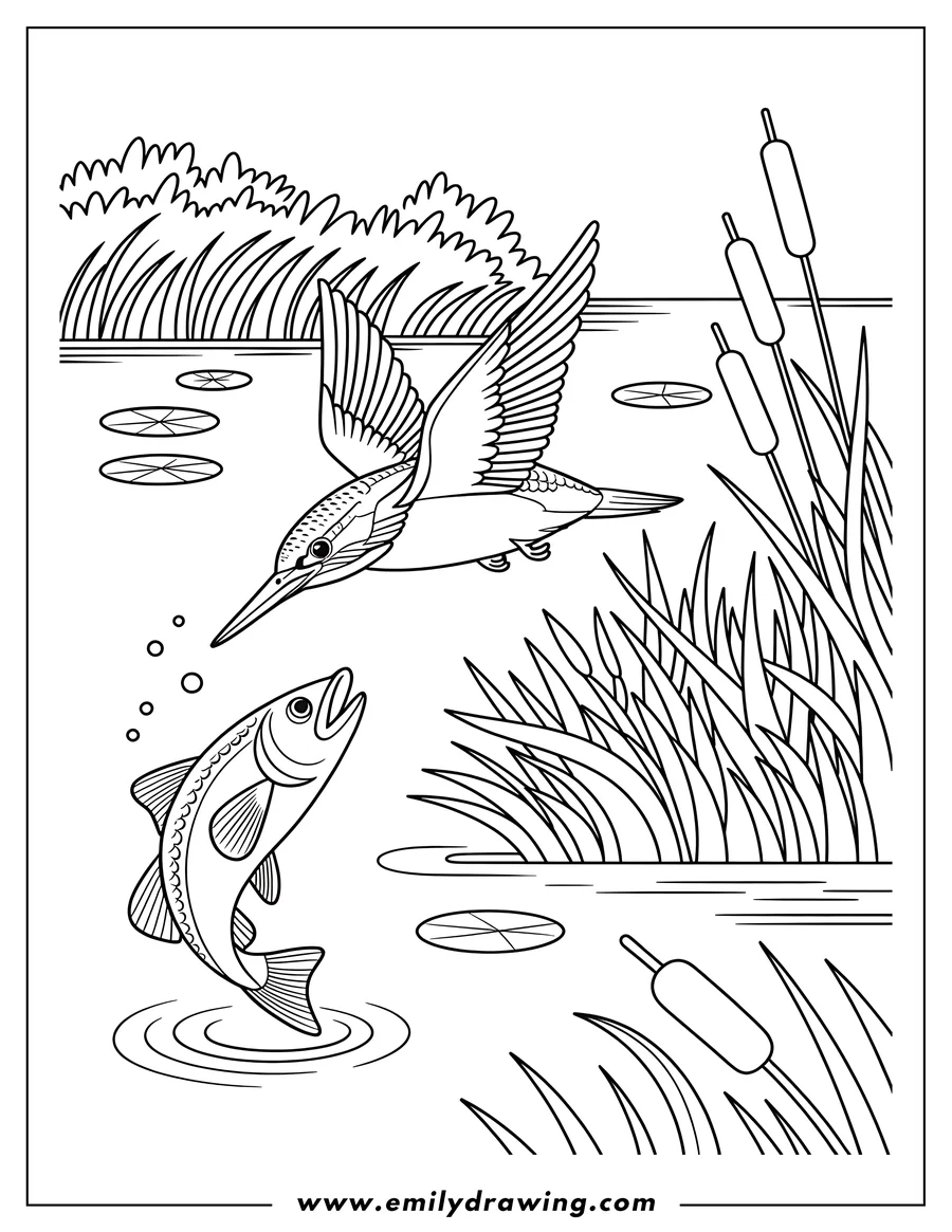 Line art of a kingfisher bird flying over water with a fish jumping towards it. Cattails and lily pads are visible in the water.