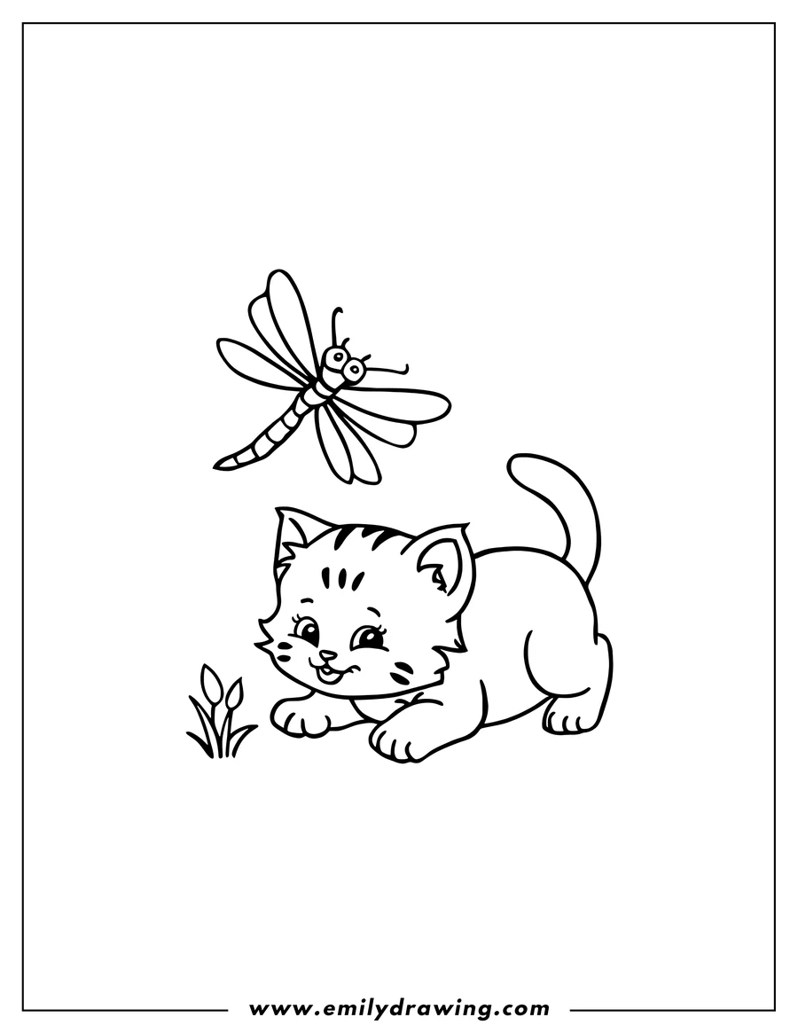 Line art of a kitten looking at a dragonfly. A small plant is next to the kitten.