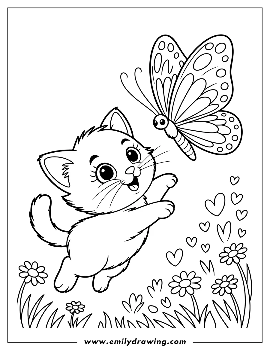 Outline of a kitten leaping playfully towards a butterfly among flowers and hearts.