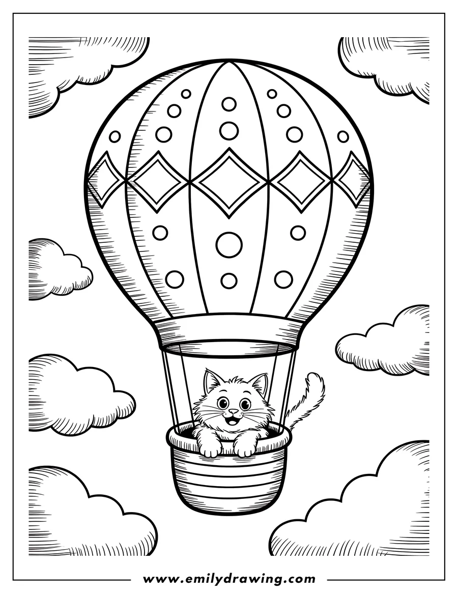 Outline of a kitten riding in the basket of a hot air balloon, surrounded by fluffy clouds.