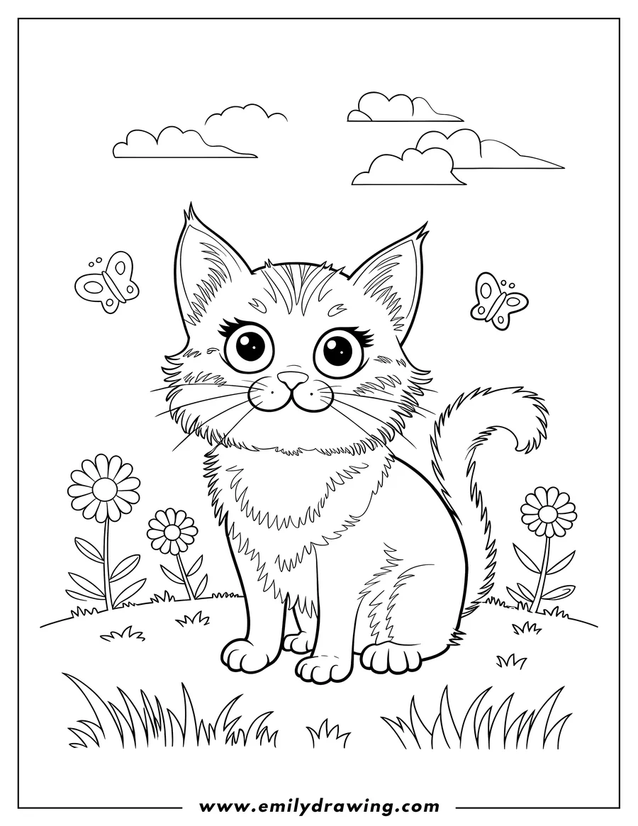 Outline of a fluffy kitten sitting in a garden with flowers and butterflies.