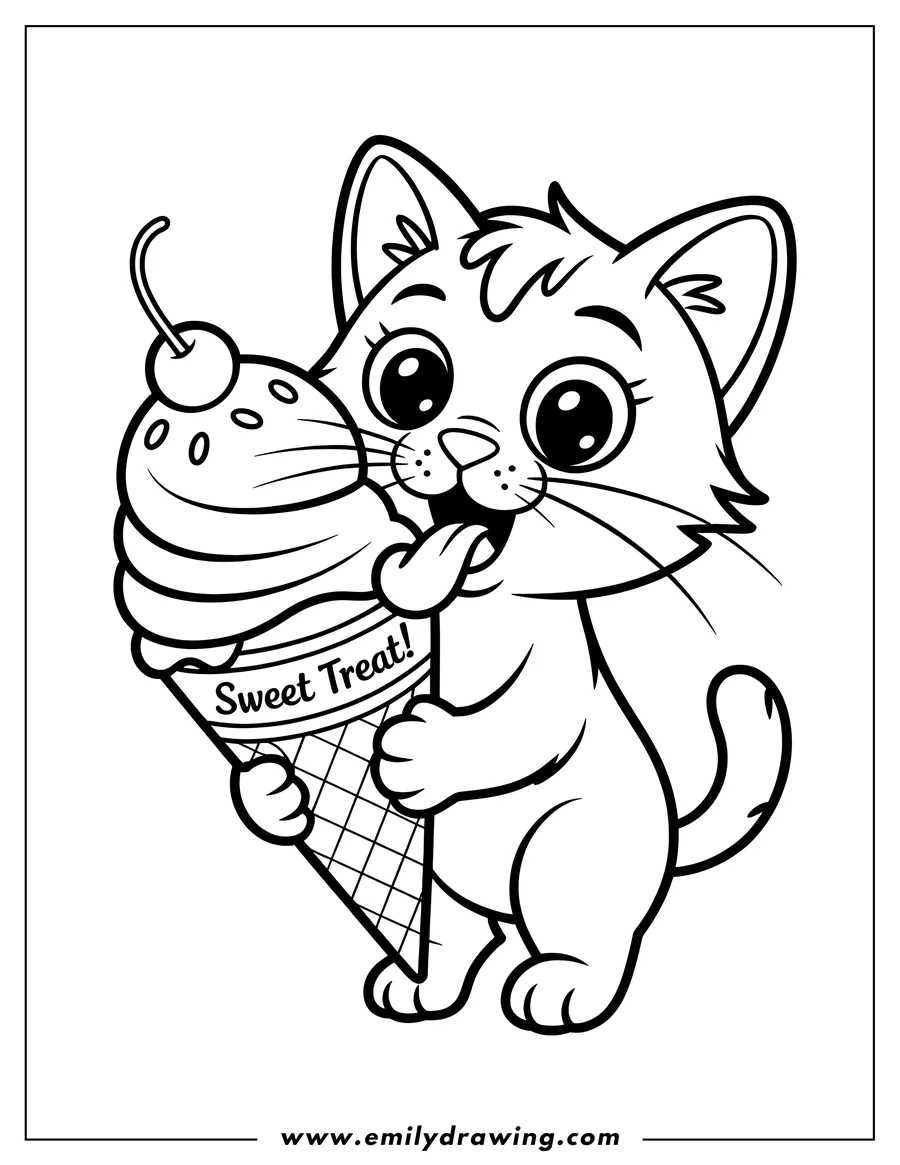 Outline of a kitten licking a melting ice cream cone topped with a cherry.
