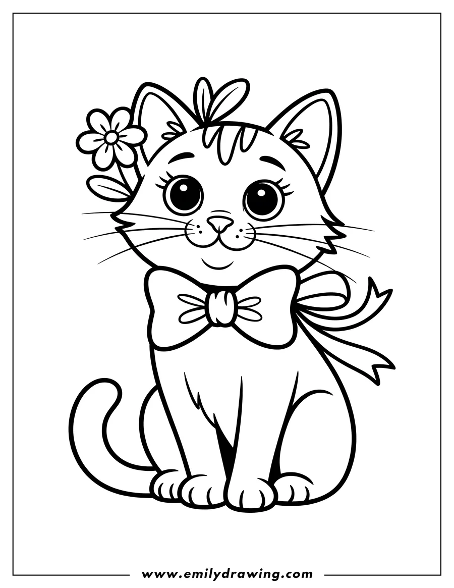 Outline of a kitten sitting, wearing a large bow around its neck and a small flower tucked behind its ear.