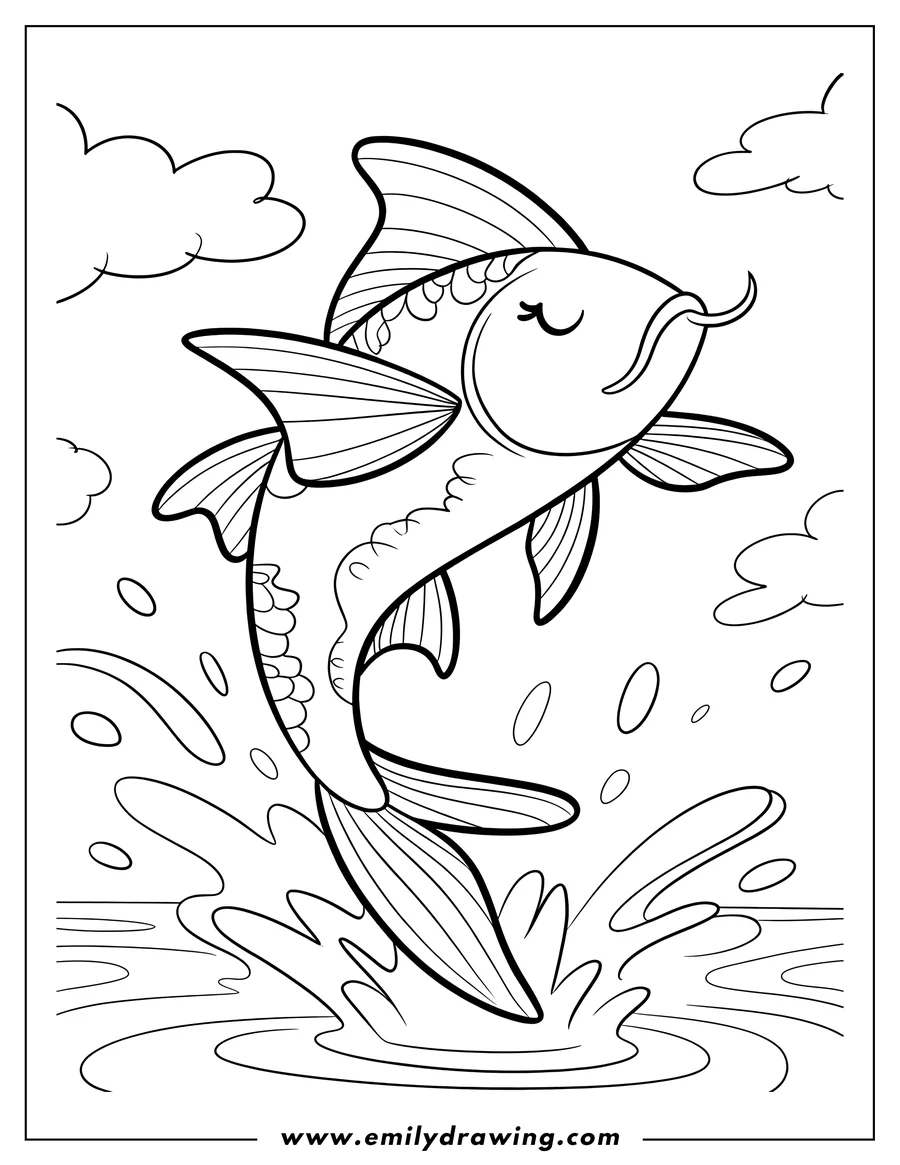 Line art of a koi fish jumping out of the water with clouds in the background.