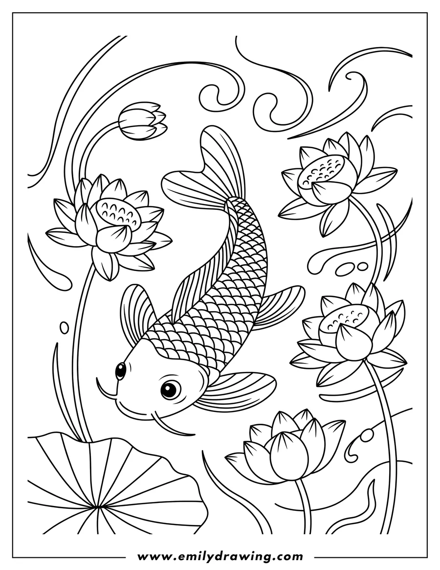 Line art of a koi fish swimming amongst lotus flowers and lily pads.