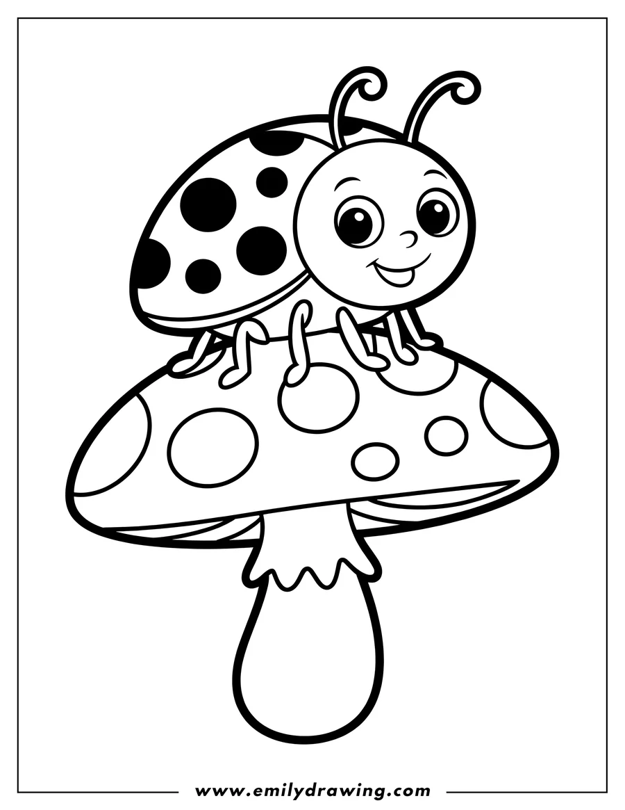 Outline of a ladybug sitting on top of a spotted mushroom.