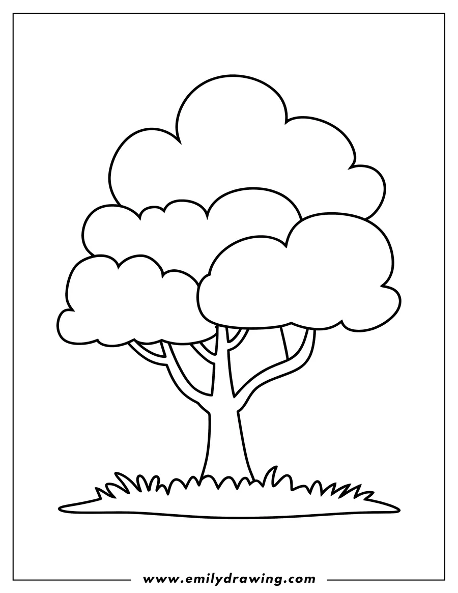 Simple outline of a leafy tree growing in a patch of grass.