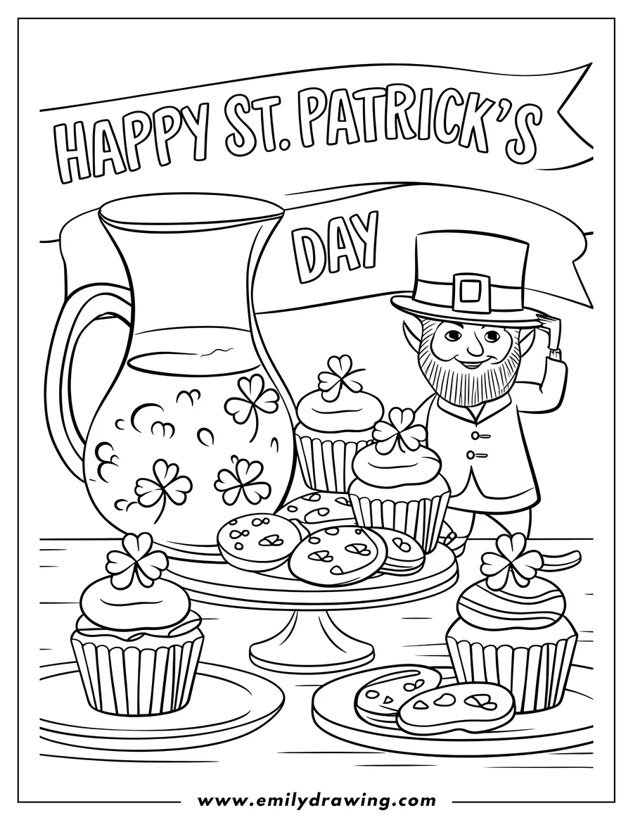 Line art of a leprechaun with cupcakes and cookies for St. Patrick's Day. A pitcher of green beverage is in the background.