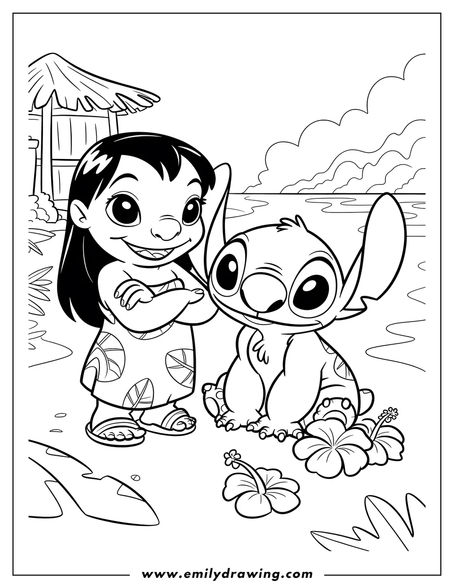 Outline of Lilo and Stitch standing together on a beach, with a beach hut and hibiscus flowers in the background.