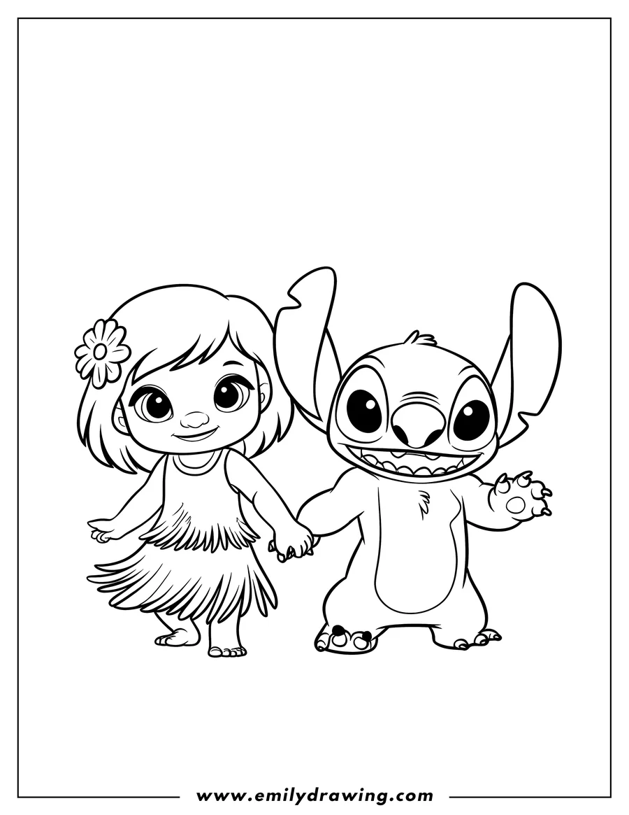 Outline of Lilo and Stitch holding hands. Lilo wears a grass skirt and a flower in her hair. Stitch has large ears and clawed hands.