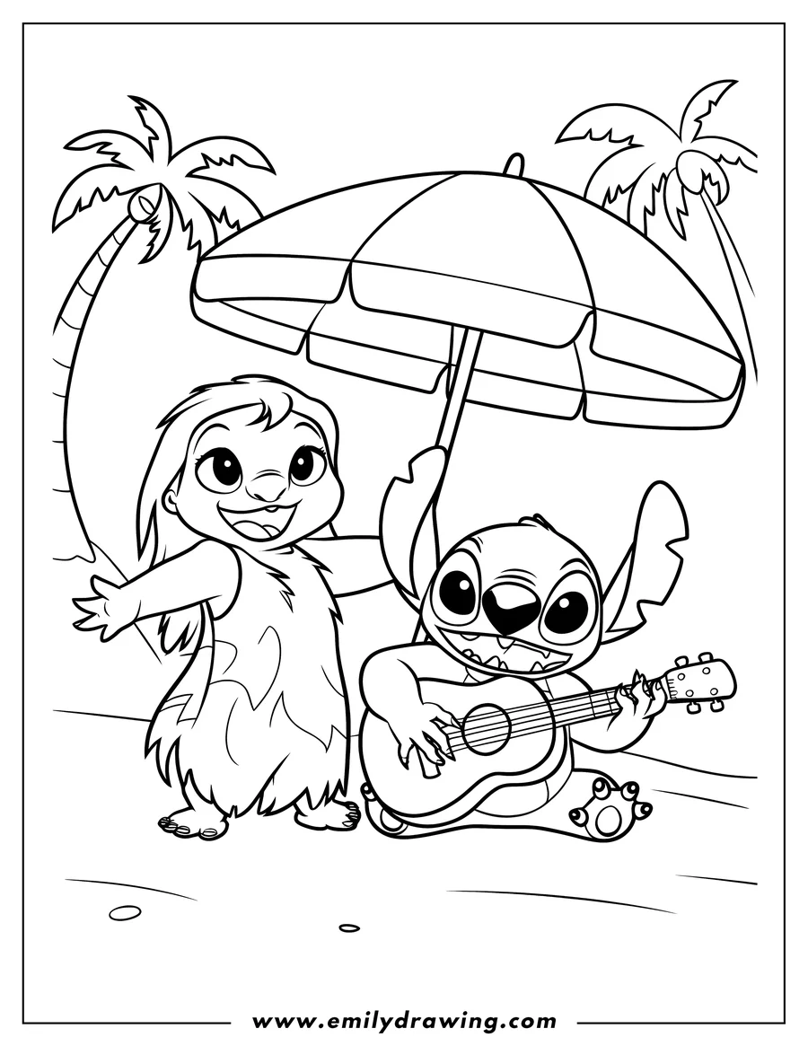 Outline of Lilo and Stitch on the beach with Stitch playing a guitar under a beach umbrella and Lilo dancing. Palm trees can be seen in the background.